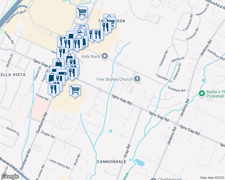 map of restaurants, bars, coffee shops, grocery stores, and more near 1909 Rosebrook Drive in Chattanooga