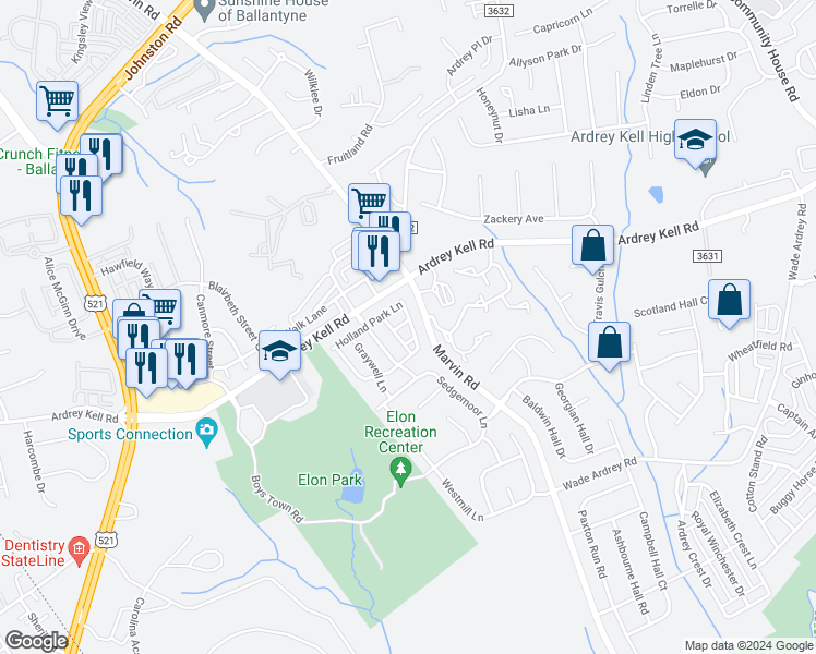 map of restaurants, bars, coffee shops, grocery stores, and more near 9038 Sedgewich Lane in Charlotte