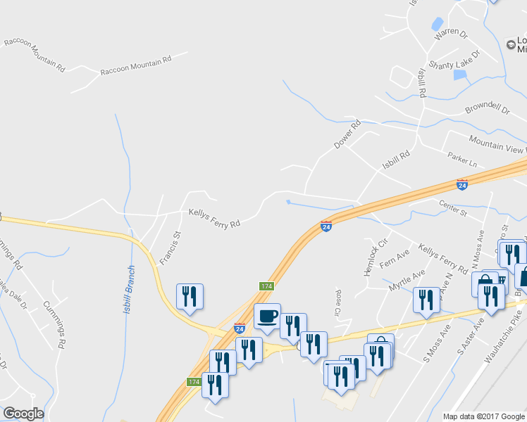 map of restaurants, bars, coffee shops, grocery stores, and more near 3830 Kellys Ferry Road in Chattanooga