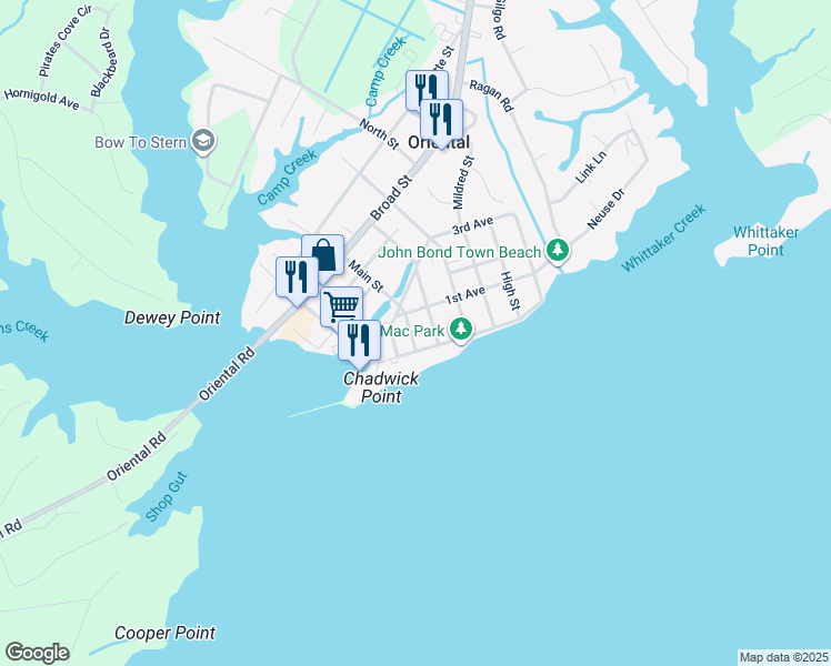 map of restaurants, bars, coffee shops, grocery stores, and more near 202 King Street in Oriental