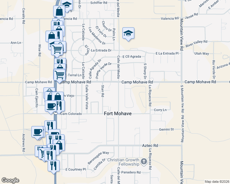 map of restaurants, bars, coffee shops, grocery stores, and more near 4539 Calle del Media in Bullhead City