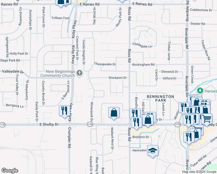 map of restaurants, bars, coffee shops, grocery stores, and more near 4522 Misty Moor Lane in Memphis