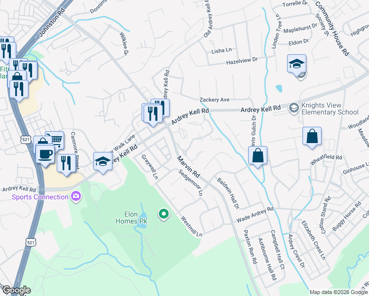 map of restaurants, bars, coffee shops, grocery stores, and more near 10908 Princeton Commons Drive in Charlotte