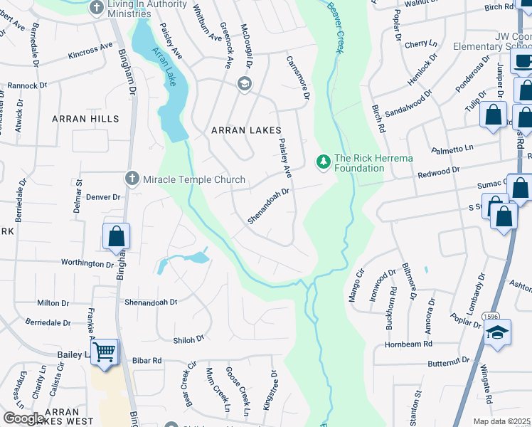 map of restaurants, bars, coffee shops, grocery stores, and more near 5623 Shenandoah Drive in Fayetteville