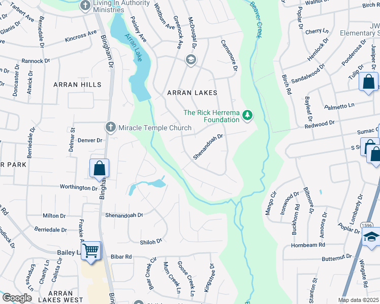 map of restaurants, bars, coffee shops, grocery stores, and more near 1717 Paisley Avenue in Fayetteville