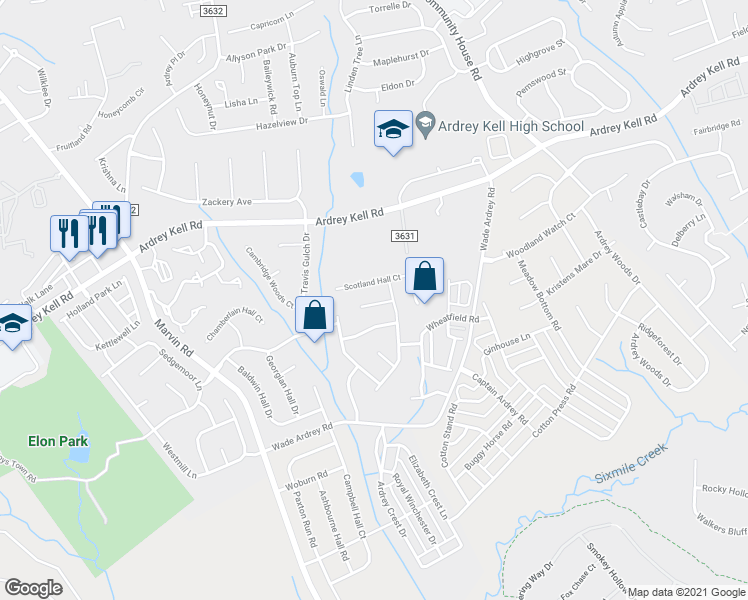 map of restaurants, bars, coffee shops, grocery stores, and more near 9416 Thatcher Hall Court in Charlotte