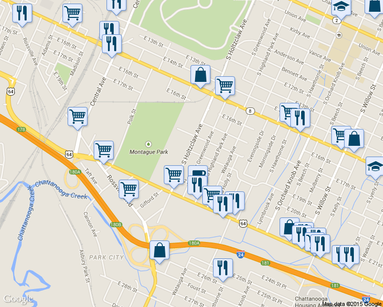 map of restaurants, bars, coffee shops, grocery stores, and more near 1900 South Holtzclaw Avenue in Chattanooga