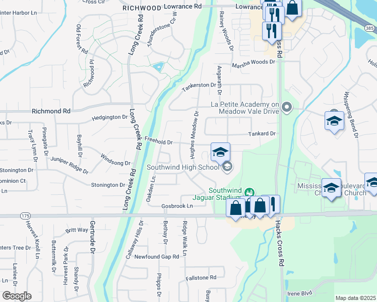 map of restaurants, bars, coffee shops, grocery stores, and more near 4523 Hughes Meadow Drive in Memphis