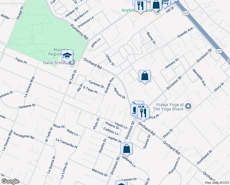 map of restaurants, bars, coffee shops, grocery stores, and more near 330 Apricot Street in Nipomo