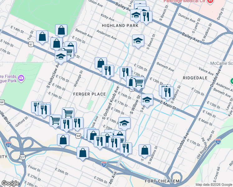 map of restaurants, bars, coffee shops, grocery stores, and more near 1605 South Orchard Knob Avenue in Chattanooga