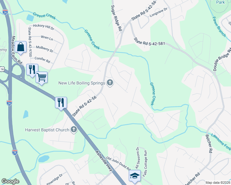 map of restaurants, bars, coffee shops, grocery stores, and more near 350 Old Furnace Road in Boiling Springs