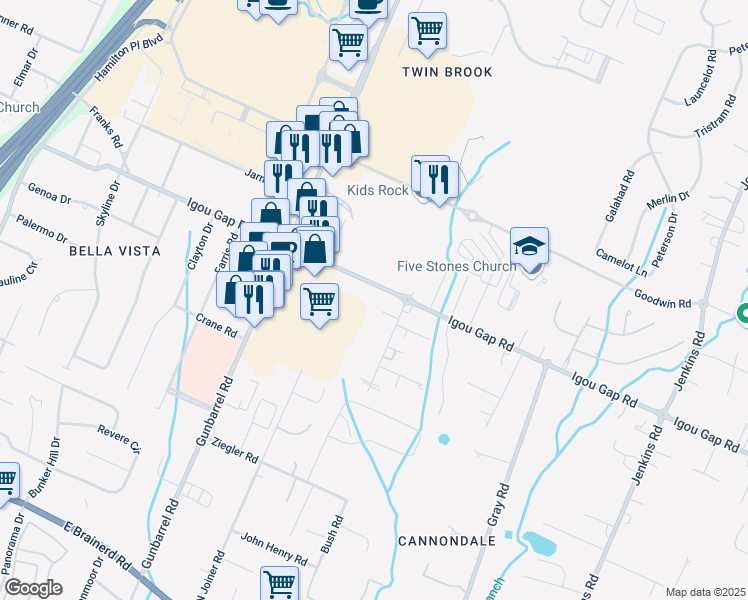 map of restaurants, bars, coffee shops, grocery stores, and more near 7432 Igou Gap Road in Chattanooga