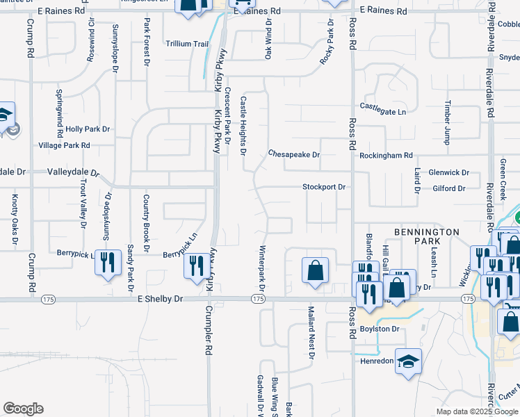 map of restaurants, bars, coffee shops, grocery stores, and more near 4521 Winterpark Drive in Memphis