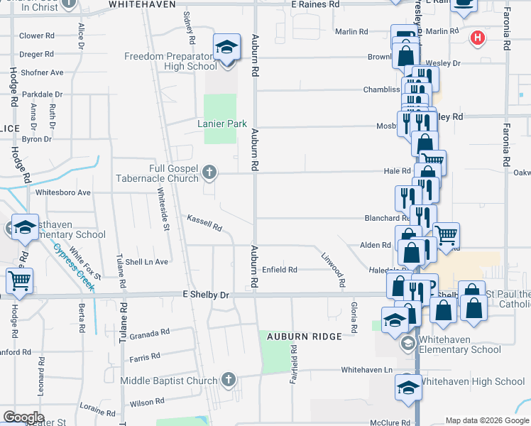 map of restaurants, bars, coffee shops, grocery stores, and more near 884 Blanchard Road in Memphis