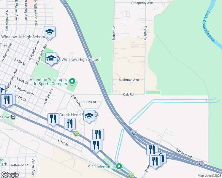 map of restaurants, bars, coffee shops, grocery stores, and more near 72 Sunset Road in Winslow