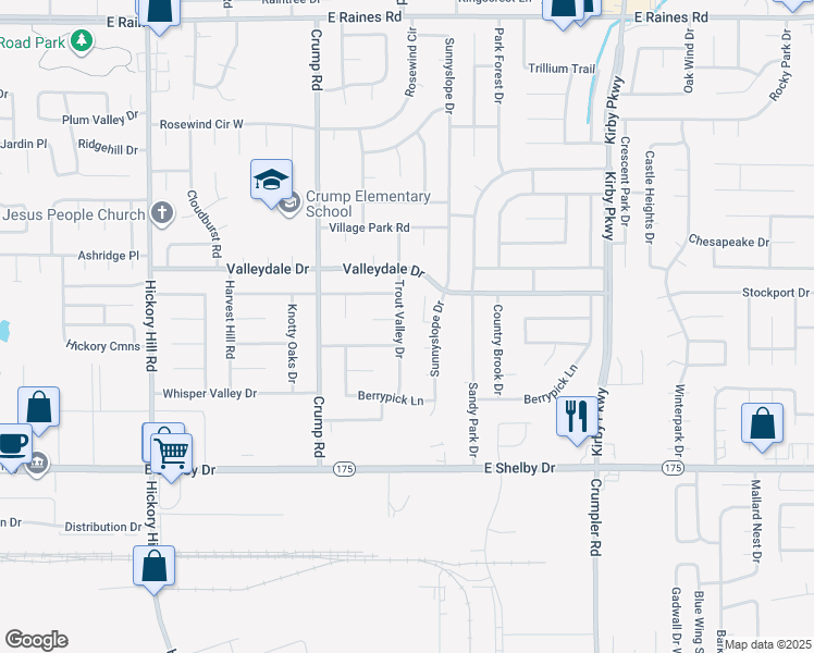 map of restaurants, bars, coffee shops, grocery stores, and more near 4528 Trout Valley Drive in Memphis