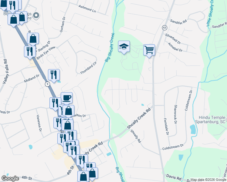 map of restaurants, bars, coffee shops, grocery stores, and more near 905 Sunterra Way in Boiling Springs