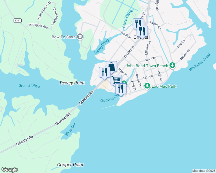 map of restaurants, bars, coffee shops, grocery stores, and more near 506 Water Street in Oriental