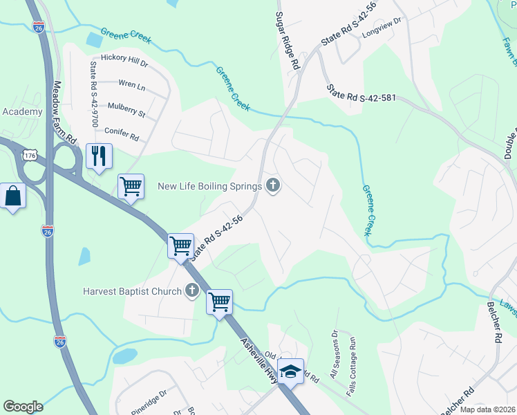 map of restaurants, bars, coffee shops, grocery stores, and more near 350 Old Furnace Road in Boiling Springs