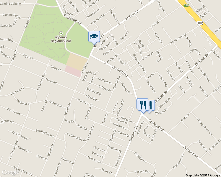 map of restaurants, bars, coffee shops, grocery stores, and more near 291 S Tejas Pl in Nipomo