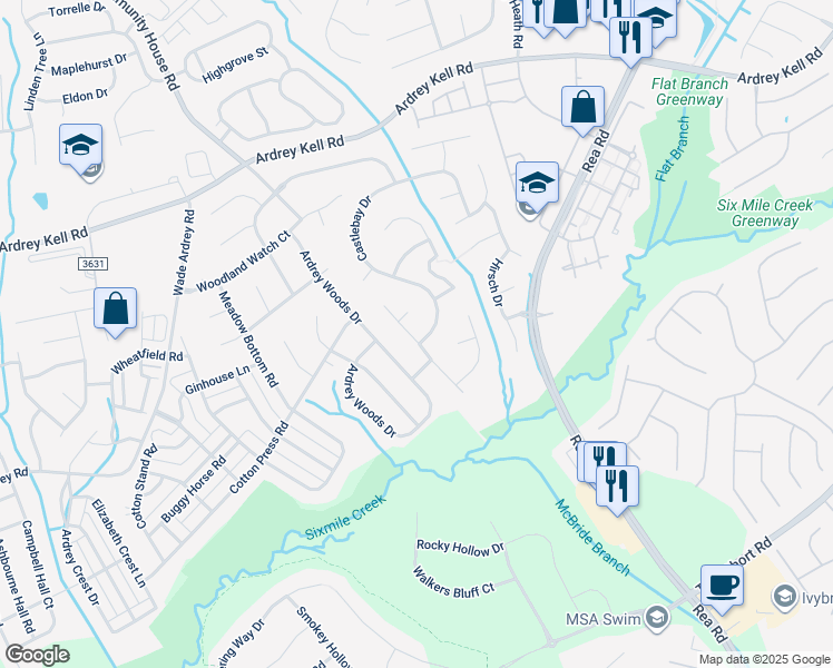 map of restaurants, bars, coffee shops, grocery stores, and more near 8401 Castlebay Drive in Charlotte