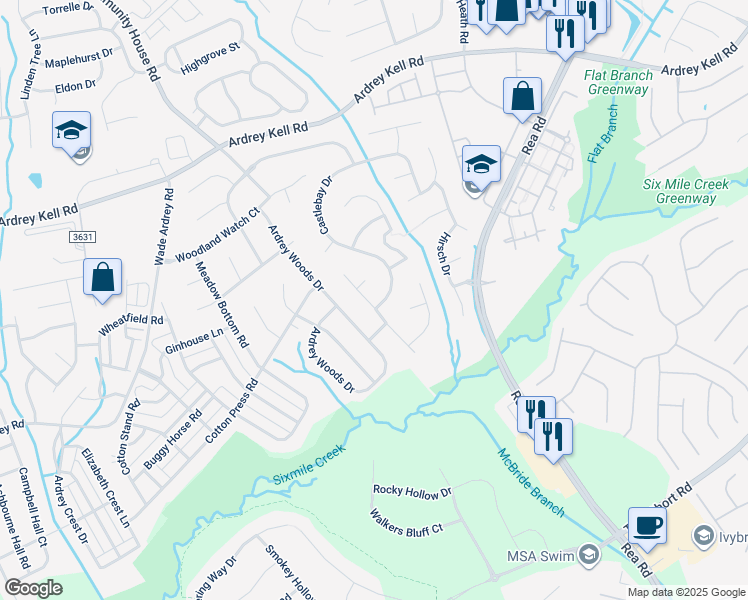 map of restaurants, bars, coffee shops, grocery stores, and more near 8401 Castlebay Drive in Charlotte
