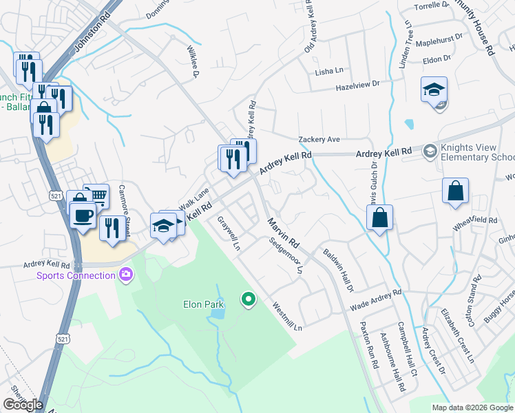 map of restaurants, bars, coffee shops, grocery stores, and more near 16816 Kettlewell Lane in Charlotte