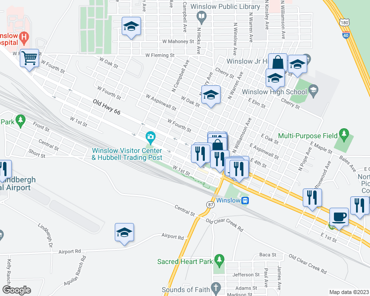 map of restaurants, bars, coffee shops, grocery stores, and more near 313 West 3rd Street in Winslow