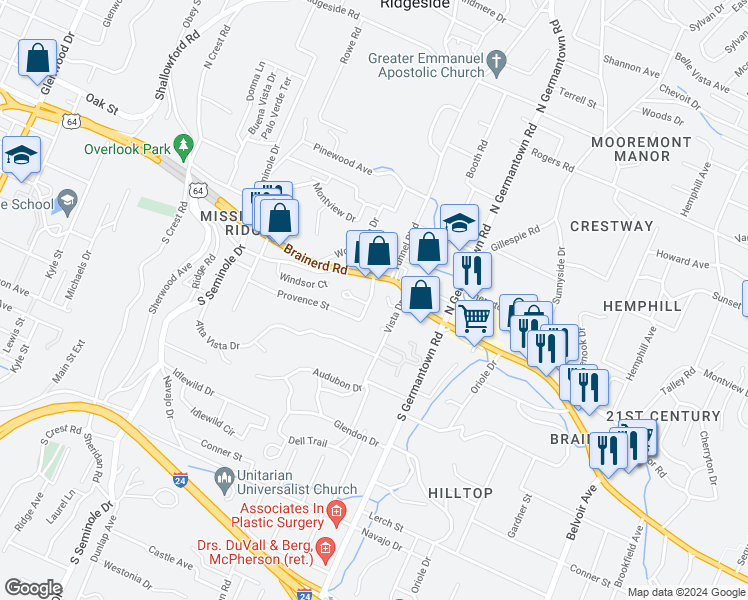 map of restaurants, bars, coffee shops, grocery stores, and more near 16 Bellflower Circle in Chattanooga