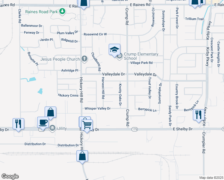 map of restaurants, bars, coffee shops, grocery stores, and more near 6043 Harvest Moon Cove in Memphis