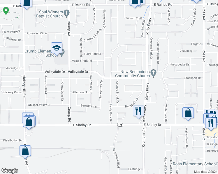 map of restaurants, bars, coffee shops, grocery stores, and more near 4529 Sandy Park Drive in Memphis