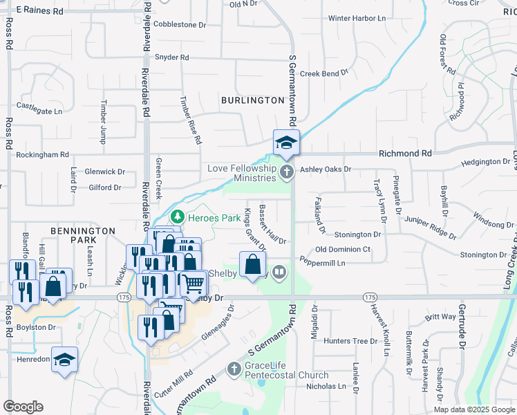 map of restaurants, bars, coffee shops, grocery stores, and more near 4523 Bassett Hall Drive in Memphis