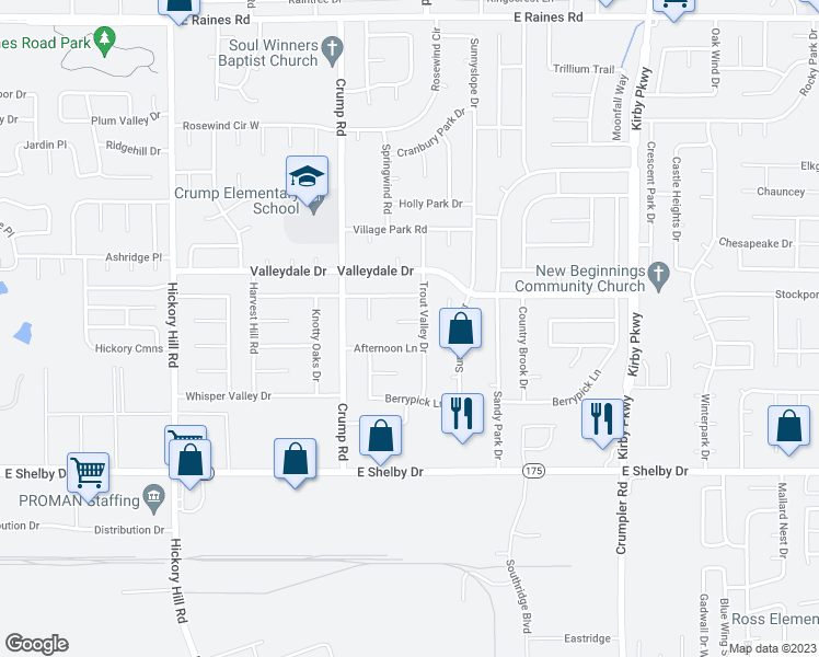 map of restaurants, bars, coffee shops, grocery stores, and more near 6187 Trout Valley Cove in Memphis