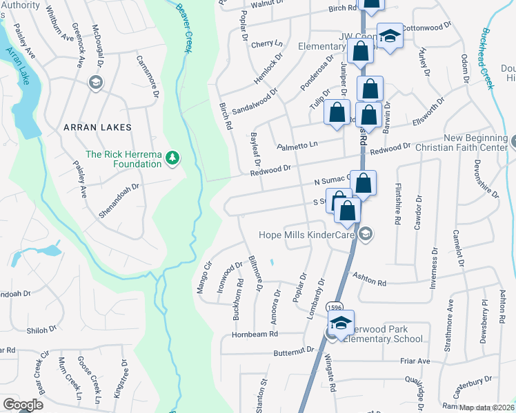 map of restaurants, bars, coffee shops, grocery stores, and more near 5383 Sumac Circle in Fayetteville