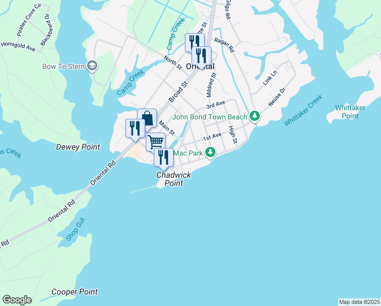 map of restaurants, bars, coffee shops, grocery stores, and more near 202 King Street in Oriental