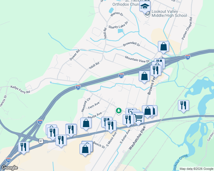 map of restaurants, bars, coffee shops, grocery stores, and more near 3338 Center Street in Chattanooga