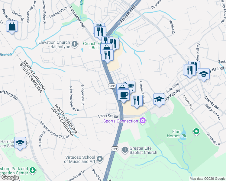 map of restaurants, bars, coffee shops, grocery stores, and more near 16464 Lancaster Highway in Charlotte