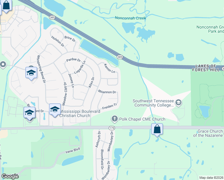 map of restaurants, bars, coffee shops, grocery stores, and more near 8494 Rhiannon Drive in Memphis