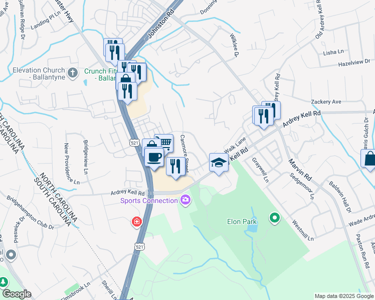 map of restaurants, bars, coffee shops, grocery stores, and more near 16862 Dunaverty Place in Charlotte