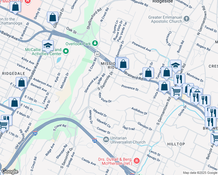 map of restaurants, bars, coffee shops, grocery stores, and more near 211 Elmwood Drive in Chattanooga