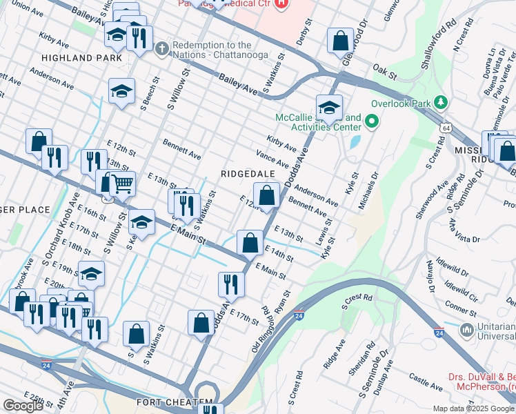 map of restaurants, bars, coffee shops, grocery stores, and more near 2501 East 12th Street in Chattanooga