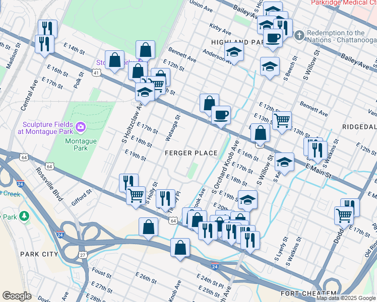 map of restaurants, bars, coffee shops, grocery stores, and more near 201 Morningside Drive in Chattanooga