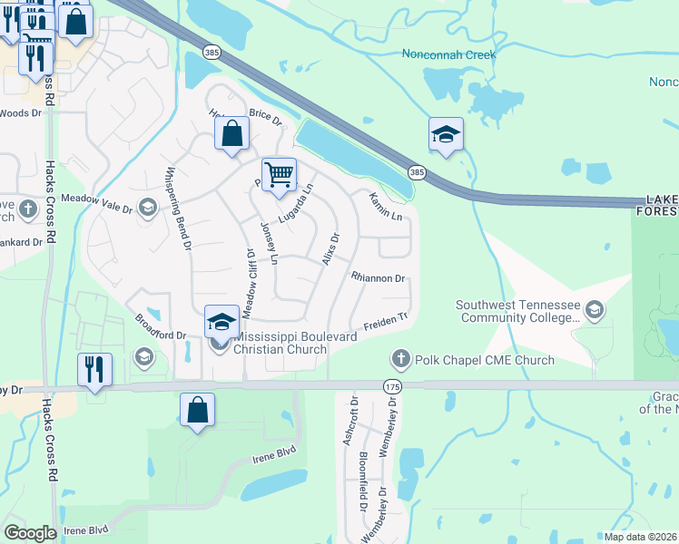 map of restaurants, bars, coffee shops, grocery stores, and more near 4524 Alixs Drive in Memphis