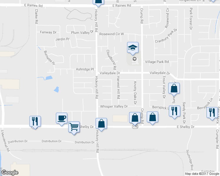 map of restaurants, bars, coffee shops, grocery stores, and more near 5957 Hickory Leaf Cove in Memphis