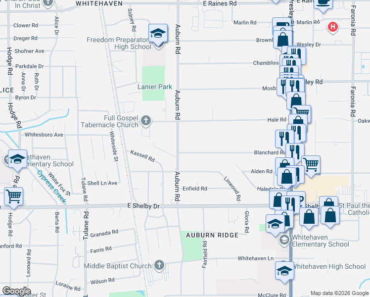 map of restaurants, bars, coffee shops, grocery stores, and more near 884 Blanchard Road in Memphis