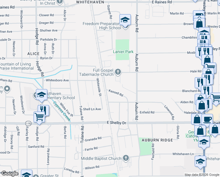 map of restaurants, bars, coffee shops, grocery stores, and more near 4532 Kassell Road in Memphis