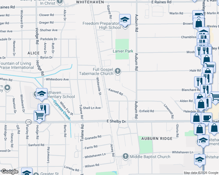 map of restaurants, bars, coffee shops, grocery stores, and more near 4532 Kassell Road in Memphis