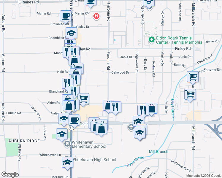 map of restaurants, bars, coffee shops, grocery stores, and more near 4528 Faronia Road in Memphis