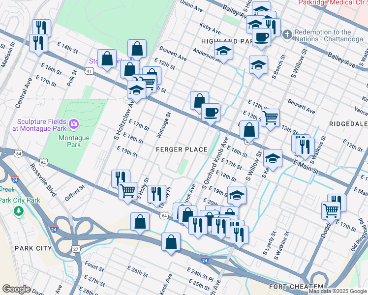 map of restaurants, bars, coffee shops, grocery stores, and more near 201 Morningside Drive in Chattanooga