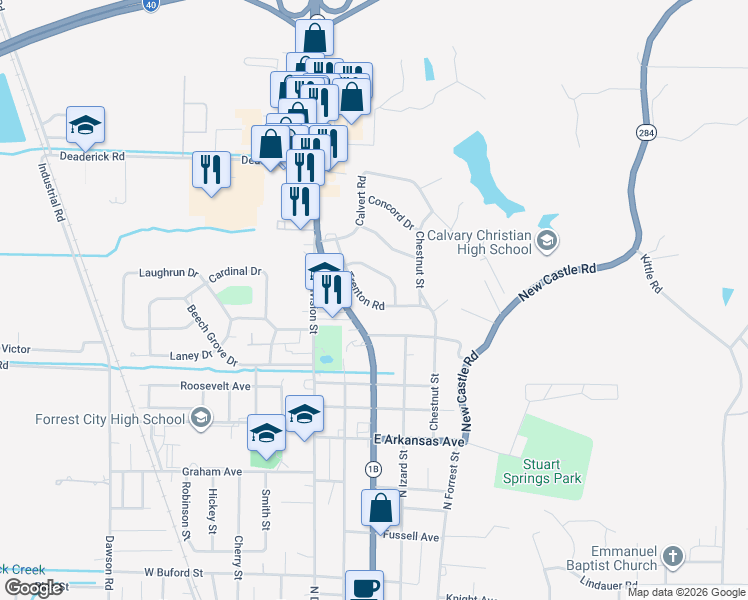 map of restaurants, bars, coffee shops, grocery stores, and more near 405 Trenton Road in Forrest City